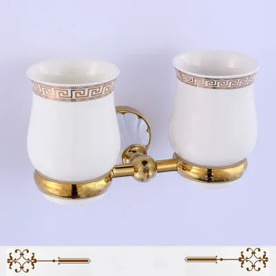 DecorBites™ Gold & White Bathroom Accessories Set: Corner Shelf, Paper Holder, Towel Holder, Toilet Brush Holder, Towel Rack