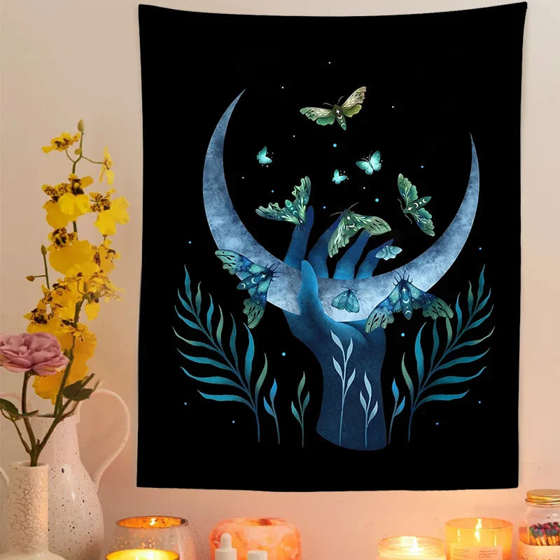 Starry Moon & Flower Botanical Tapestry by Decobites for Home Wall Decor