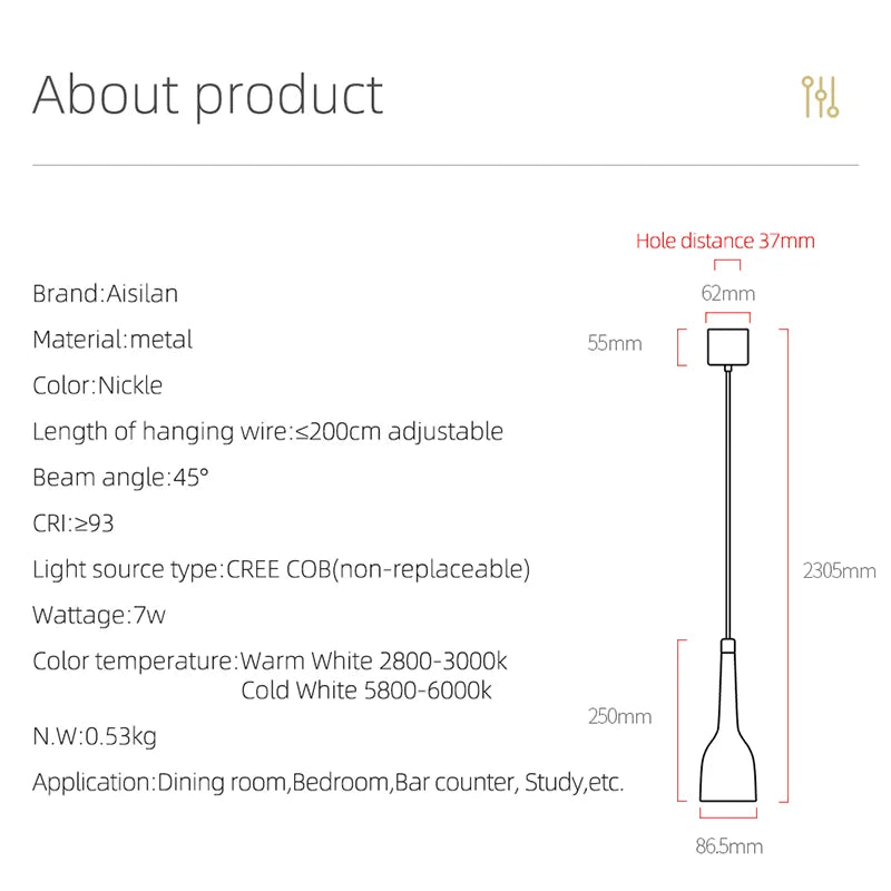 DecorBites™ LED Pendant Light 7W CRI 97 Nordic Brushed Nickel Hanging Spotlight