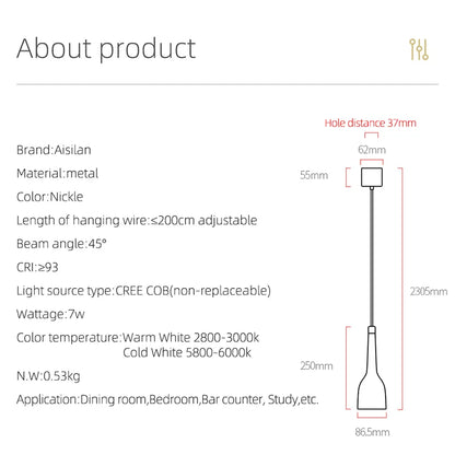 DecorBites™ LED Pendant Light 7W CRI 97 Nordic Brushed Nickel Hanging Spotlight