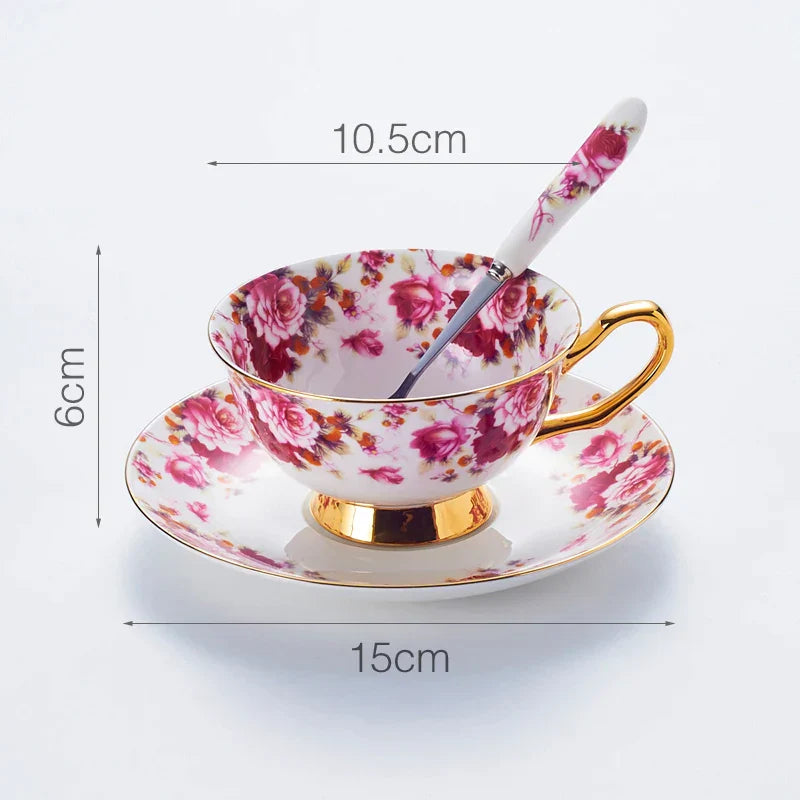 DecorBites™ Elegant Floral Tea Set - 200ml Capacity Bone China Cup, Saucer, and Spoon
