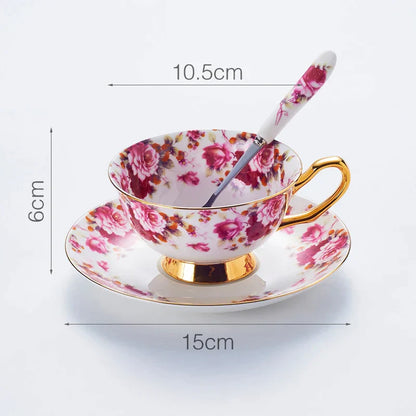 DecorBites™ Elegant Floral Tea Set - 200ml Capacity Bone China Cup, Saucer, and Spoon