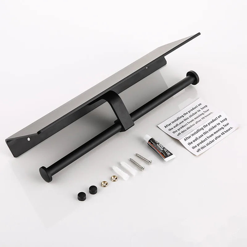 DecorBites™ Black Aluminum Toilet Paper Holder with Phone Shelf & Double Roll Tissue Boxes