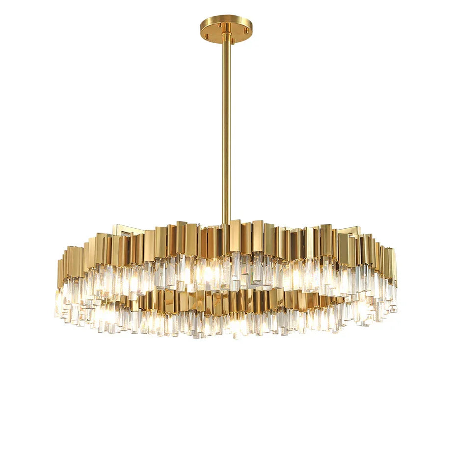 DecorBites™ Goldener Edelstahl-Kristallleuchter für elegante Foyerbeleuchtung
