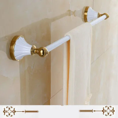 DecorBites™ Gold & White Bathroom Accessories Set: Corner Shelf, Paper Holder, Towel Holder, Toilet Brush Holder, Towel Rack