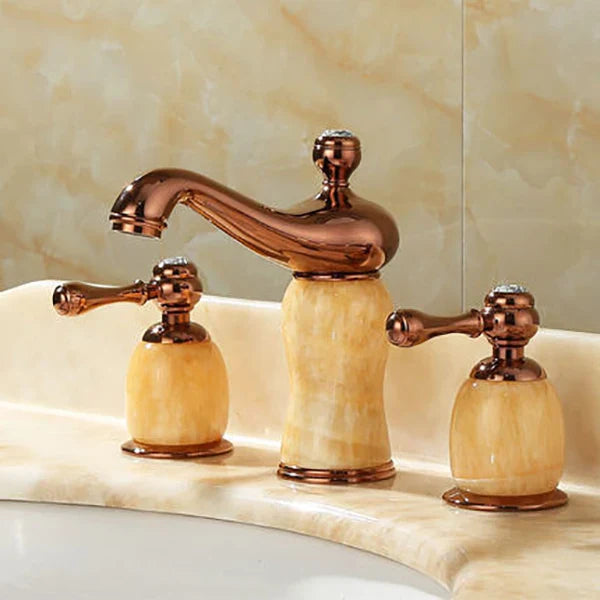 DecorBites™ Gold Brass Jade 3 Hole Widespread Basin Faucet with Double Handle