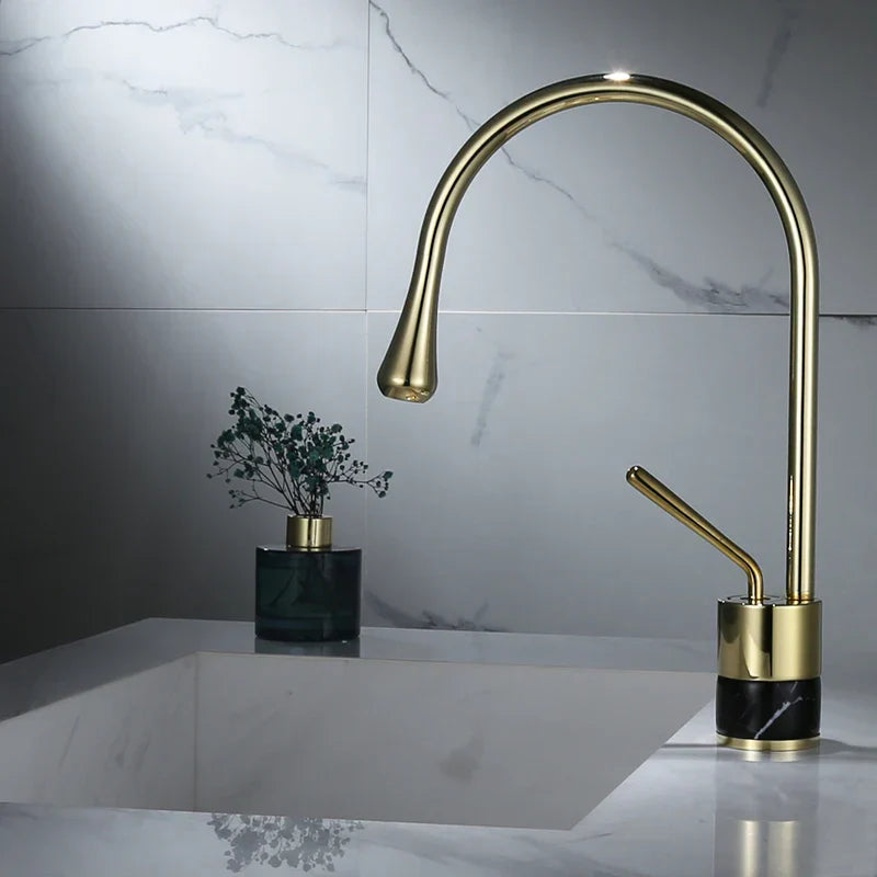 DecorBites™ Gold Brass Marble Basin Faucet Hot Cold Sink Mixer Tap