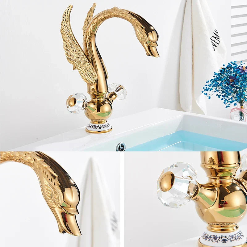 DecorBites™ Golden Swan Crystal Handle Basin Faucet - Deck Mount Luxury Bathroom Mixer