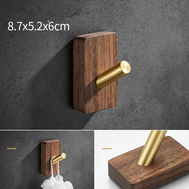 DecorBites™ Brass Brushed Gold Wall Hook for Bathroom and Kitchen with Wood Accent
