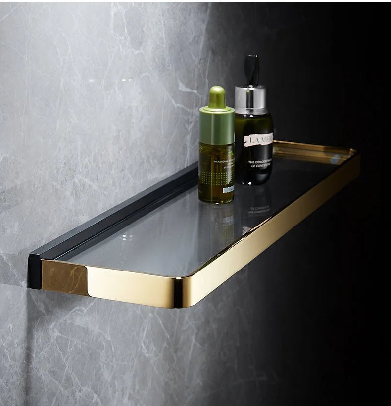 Conjunto de Baño Decorbites™ Oro y Negro - Estante, Perchero para Toallas, Soportes, Soporte para Cepillo y Más