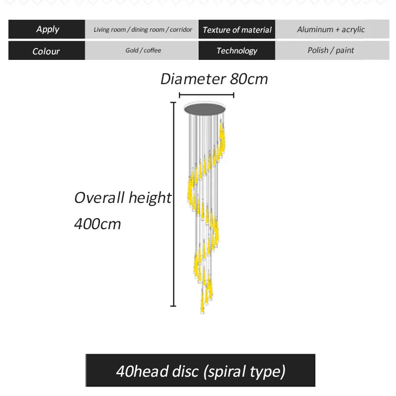 DecorBites™ LED Spiral Chandelier for Home, Black Chrome Gold Stairwell Lighting