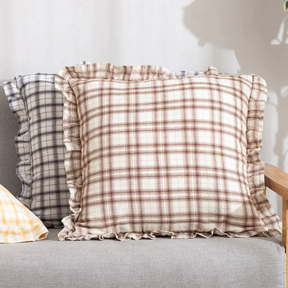 غطاء وسادة DecorBites™ قطني بلون القهوة الأسود والأصفر والأخضر مقاس 45×45 سم مع تنورة مهدبة لديكور المنزل