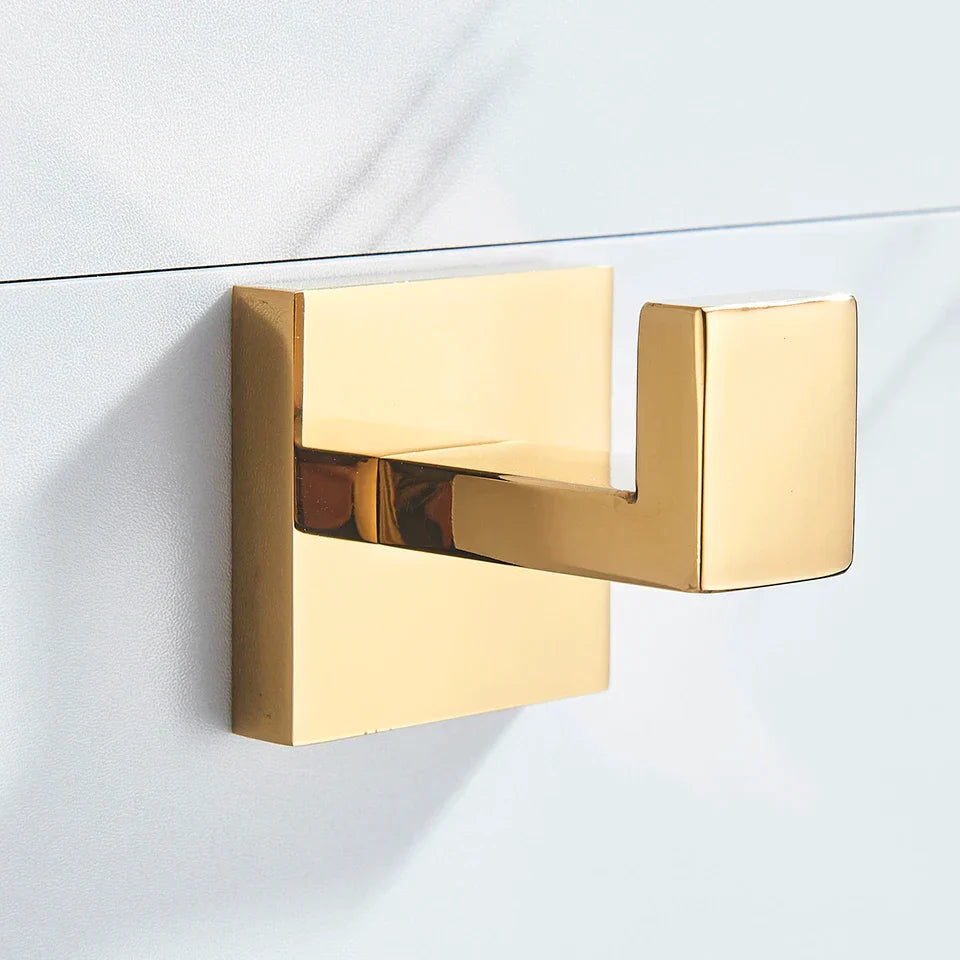 Conjunto de Herrajes de Baño Decorbites™ Oro: Gancho para Batas, Barra para Toallas, Estante, Soporte para Papel Higiénico