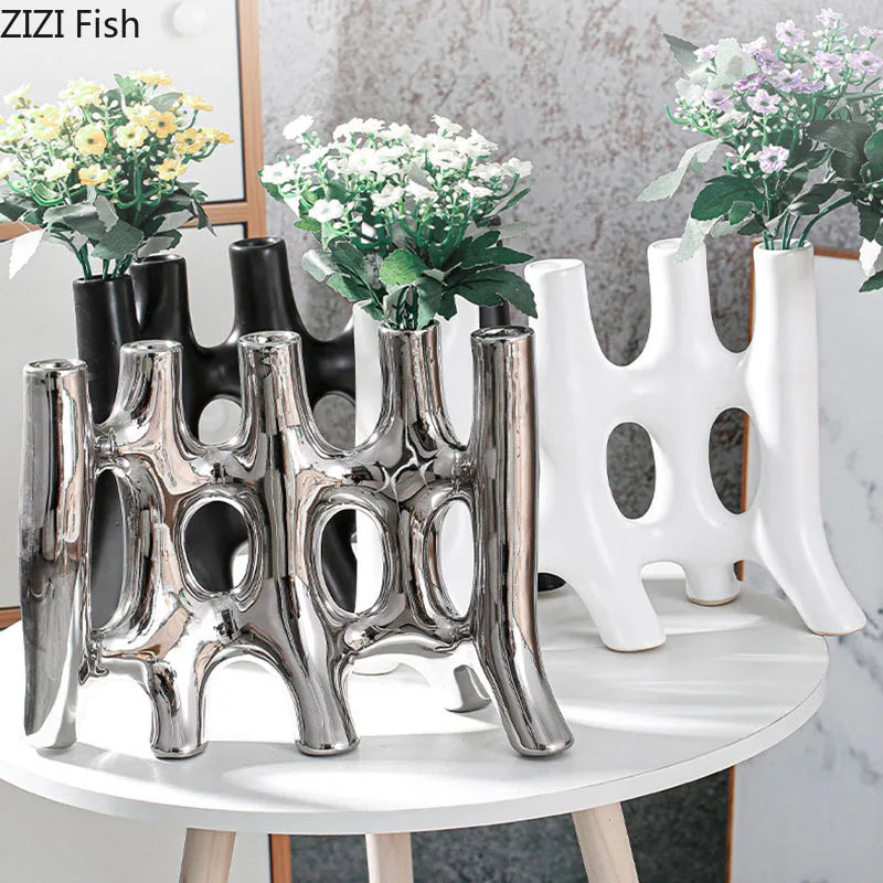 DecorBites™ Ceramic Vase with Artificial Flowers | Modern Abstract Floral Living Room Decor