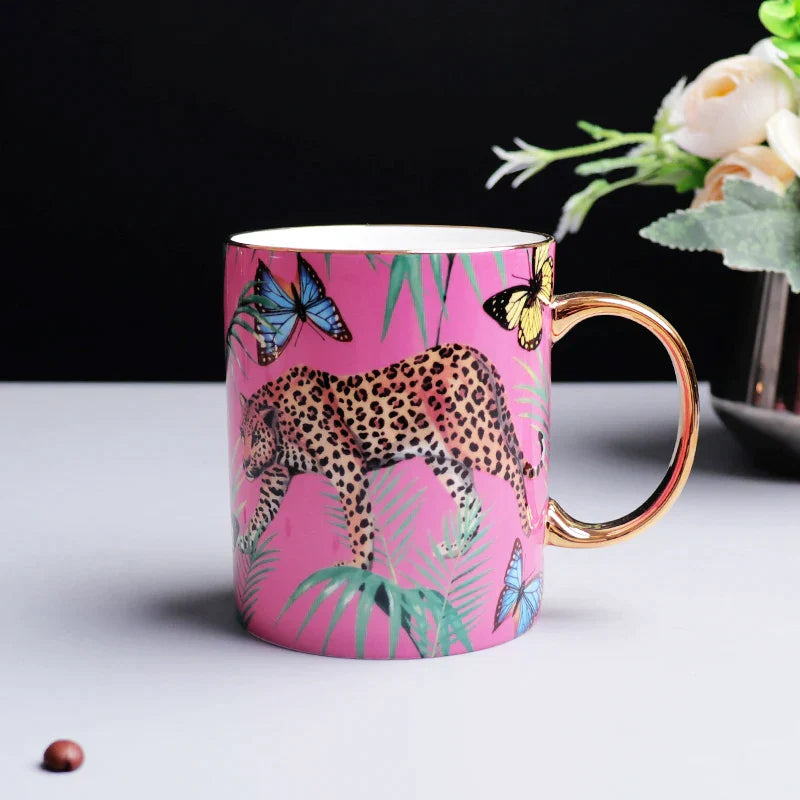 Juego de tazas de café de porcelana fina DecorBites™ con diseño de animales de la selva, ideal para amantes del té y para la oficina.