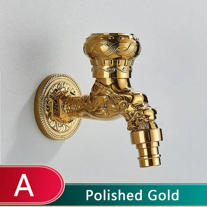 Grifo de pared DecorBites™ con diseño de dragón tallado en latón antiguo para baño y exteriores.