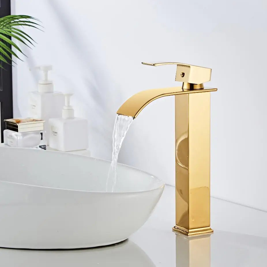 DecorBites™ Gold Waterfall Basin Faucet - Brass Mixer Tap for Bathroom Sink, Hot and Cold
