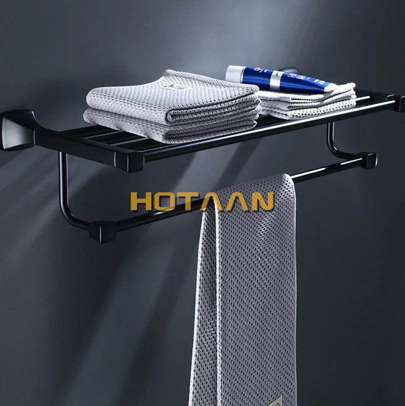 DecorBites™ Black Aluminum Towel Rack with Hook, Wall-mounted Bathroom Towel Holder and Shelf