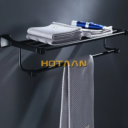 DecorBites™ Black Aluminum Towel Rack with Hook, Wall-mounted Bathroom Towel Holder and Shelf
