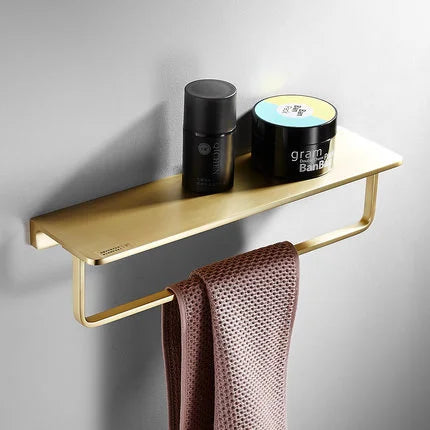 DecorBites™ Brushed Gold Bathroom Hardware Set: Towel Rack, Corner Shelf, Paper Holder, Hook, Toilet Brush Holder