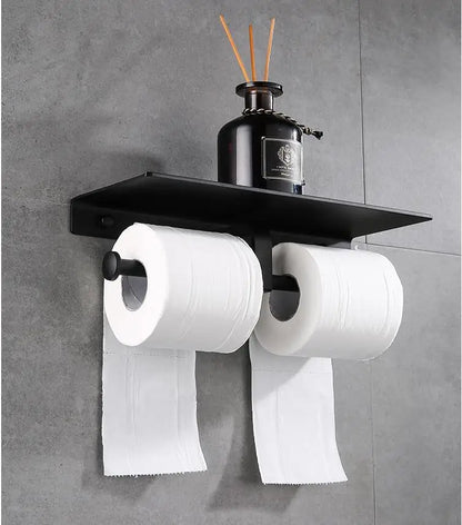 DecorBites™ Black Aluminum Toilet Paper Holder with Phone Shelf & Double Roll Tissue Boxes