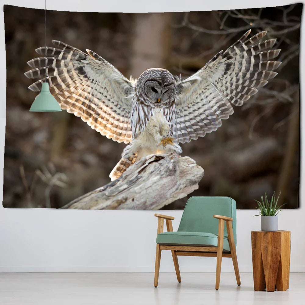 Decobites Owl On Tree 3D Tapestry - Abstract Mysterious Psychedelic Aesthetic Room Decor