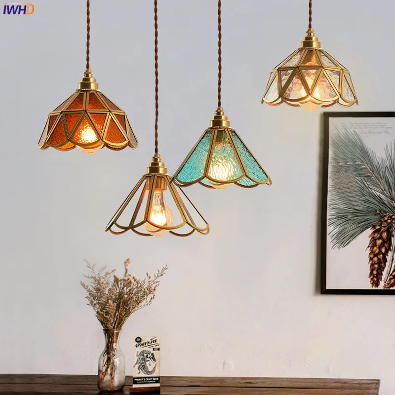 Decorbites™ Japanisches Vintage-Glas-Kupfer-LED-Pendant-Lampenleuchte für Schlafzimmer, Bar, Café