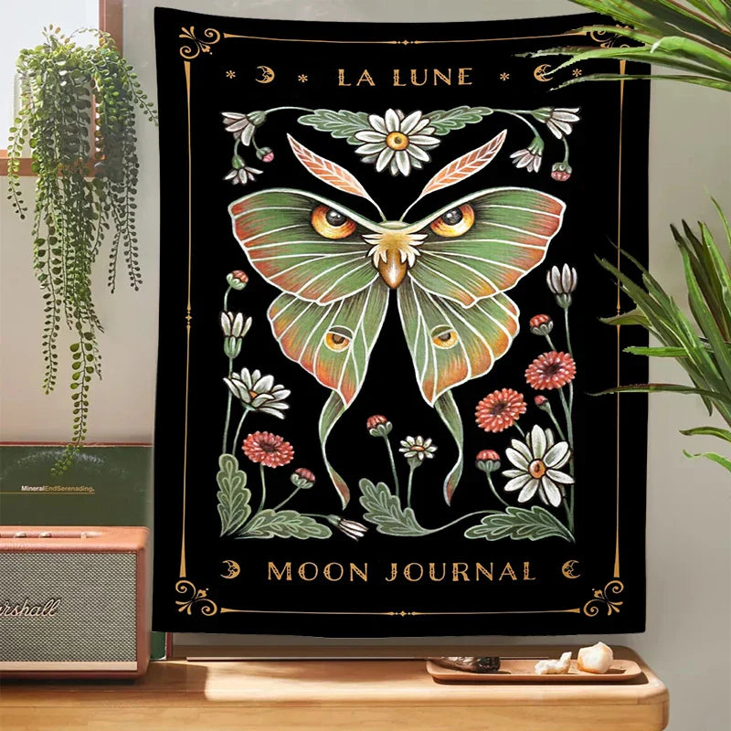 Decobites Moon Moth Tapestry Wall Hanging - Mystical Moon Phase & Cottagecore Wall Art