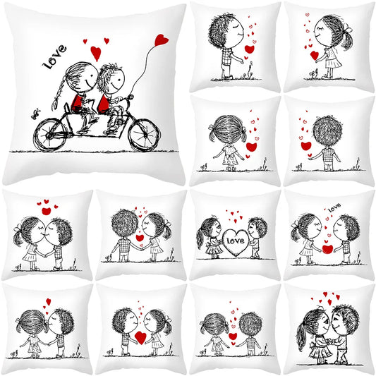 DecorBites™ Love Heart Sketch Couple Pillow Cover 45X45CM Peah Skin Print