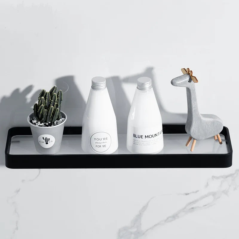 رف زاوية حمام زجاجي أسود من DecorBites™، رف مستحضرات تجميل من الألومنيوم لغرفة الاستحمام