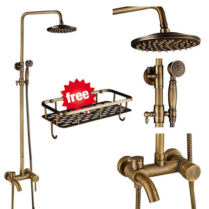 Juego de grifería para ducha DecorBites™ de latón antiguo con cabezal tipo lluvia de 8" y rociador giratorio
