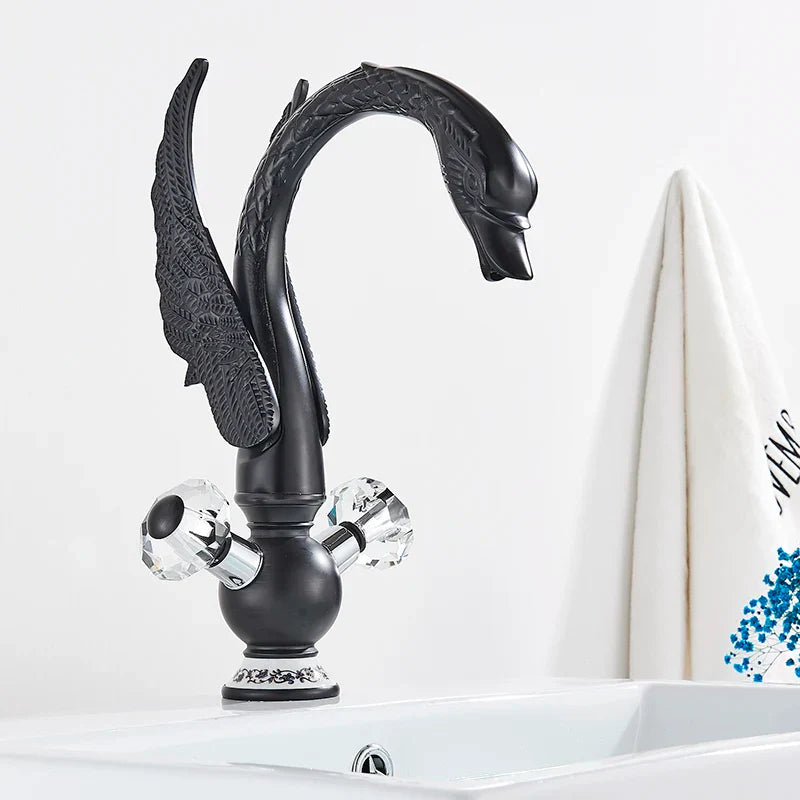 Decorbites™ Grifo de Lavabo para Baño Cisne Negro de Latón Dorado Negro Lujo Mezclador Individual Montado en Cubierta