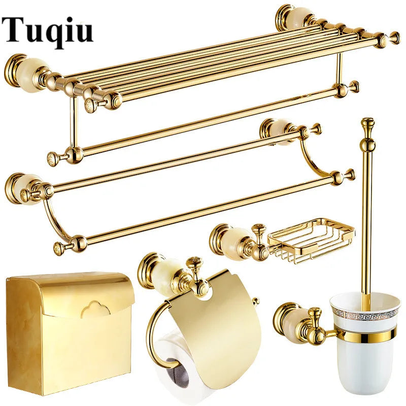DecorBites™ Brass Jade Bathroom Hardware Set: Corner Shelf, Paper Holder, Towel Bar, Soap Basket, Rack.