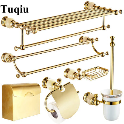 DecorBites™ Brass Jade Bathroom Hardware Set: Corner Shelf, Paper Holder, Towel Bar, Soap Basket, Rack.