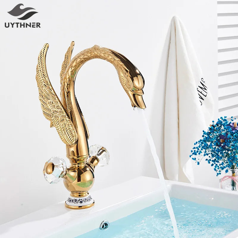 DecorBites™ Gold Swan Basin Faucet: Deck Mounted Bathroom Mixer Tap with Hot and Cold Water