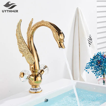 DecorBites™ Gold Swan Basin Faucet: Deck Mounted Bathroom Mixer Tap with Hot and Cold Water