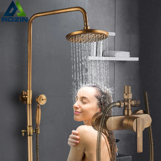 DecorBites™ Antique Brass Shower Set Single Handle Wall Mount Rainfall Mixer Faucet