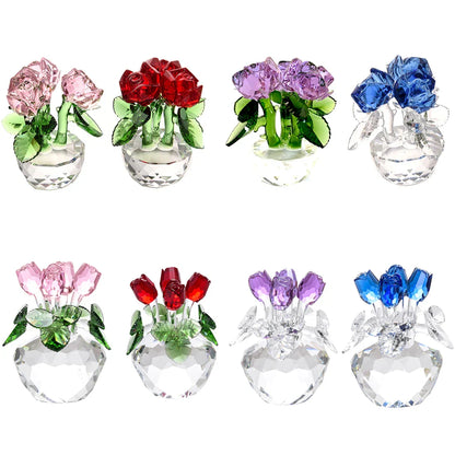 DecorBites™ Crystal Rose Flower Dreams Glass Paperweight Bouquet Sculpture
