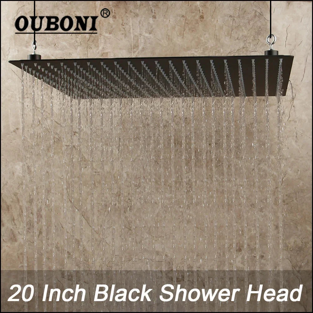 Cabezal de ducha cuadrado tipo lluvia DecorBites™ de 20 pulgadas, súper delgado, negro mate, de acero inoxidable