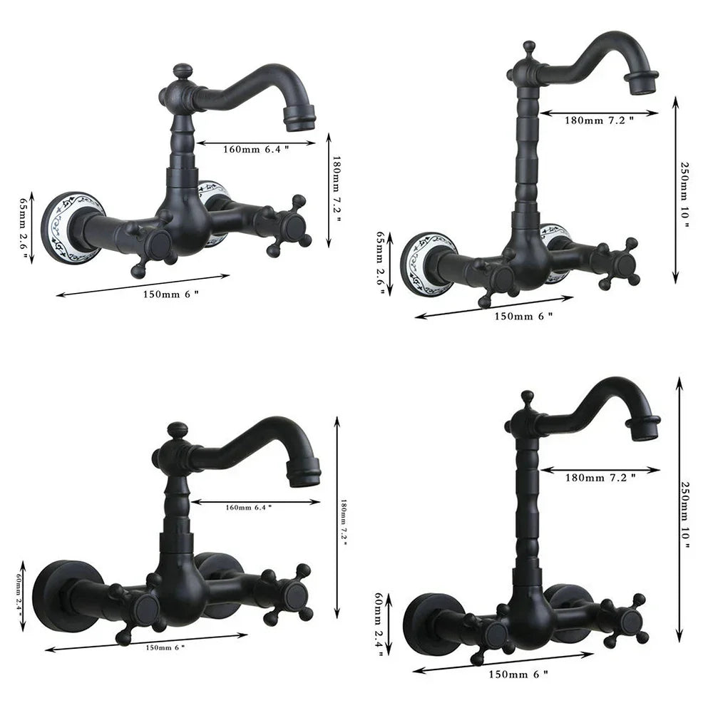 DecorBites™ Black Swivel Wall Mounted Bathroom Faucet with Ceramic Base - 2 Handles