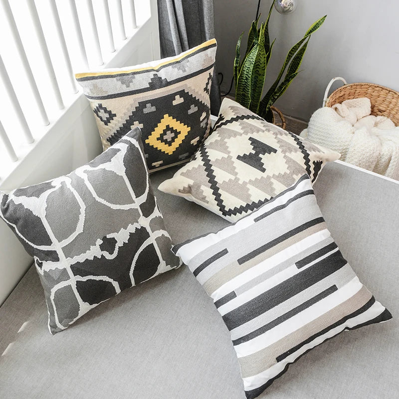 DecorBites™ Grey Embroidered Cotton Pillow Cover 45x45cm for Home Decor and Living Room