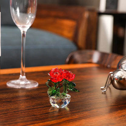 DecorBites™ Crystal Rose Flower Dreams Glass Paperweight Bouquet Sculpture