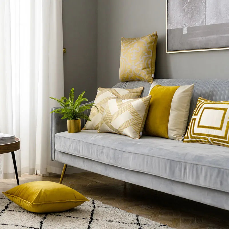 Decorbites™ Cubierta de Almohada Lumbar Bordada en Terciopelo con Corte Geométrico Dorado Estilo Chic 35x50cm