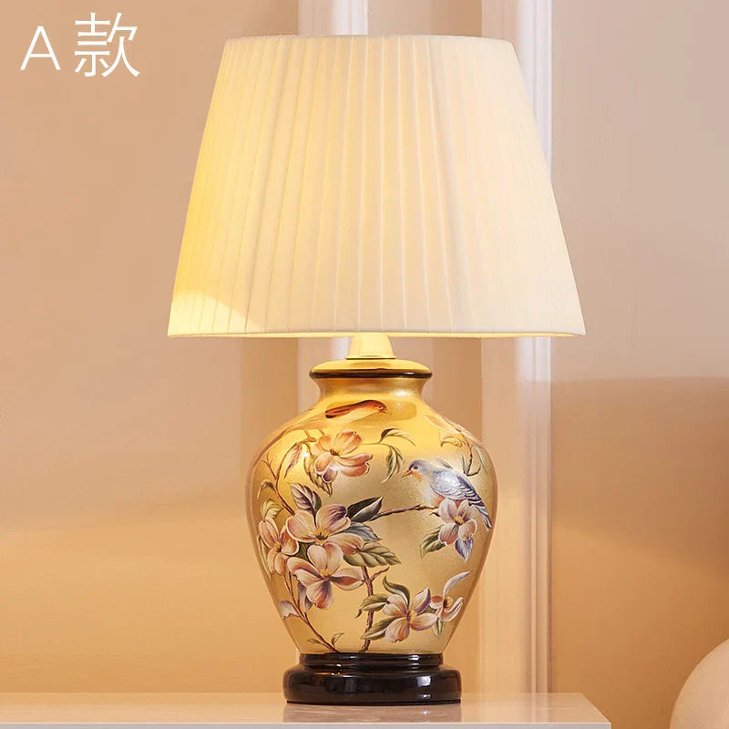 DecorBites™ Chinese Bird Flower Ceramic Table Lamp for Bedroom Living Room Bedside