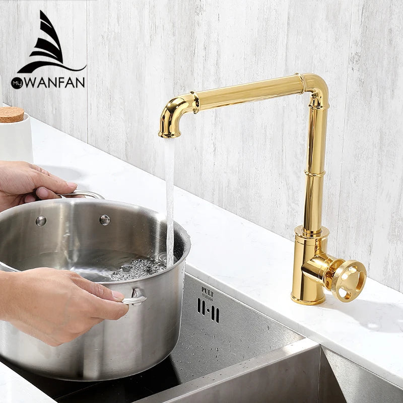 DecorBites™ Gold Brass Retro Industrial Style Bathroom Faucet Hot Cold Mixer Tap