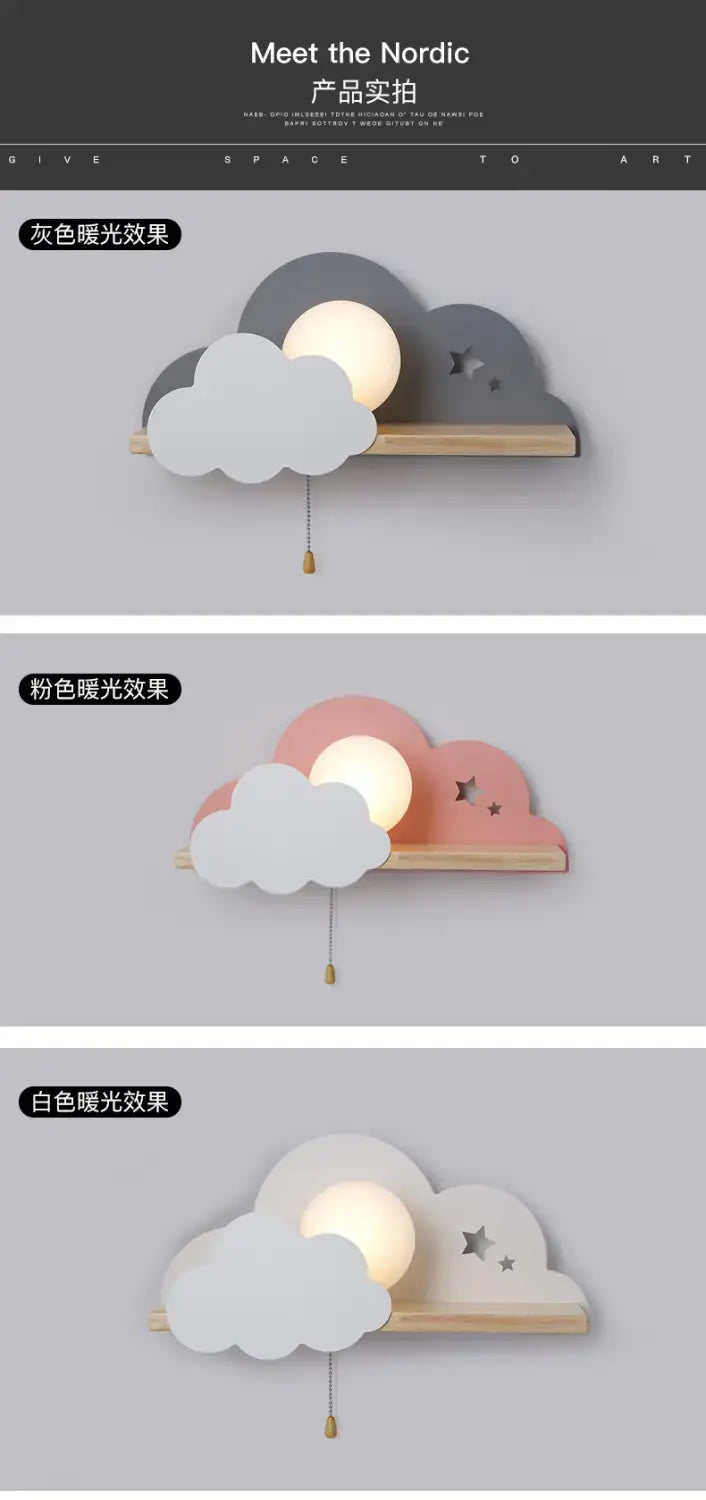 white macaron led cloud wall lamp with wooden shelf featuring soft pastel white cloud and moon designs accented by star cutouts for children bedroom Nordic macaron led wall lamps.