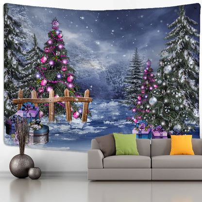 Decobites Christmas Tree Snowman Tapestry - Natural Snow Scene Oil Painting Hippie Decor