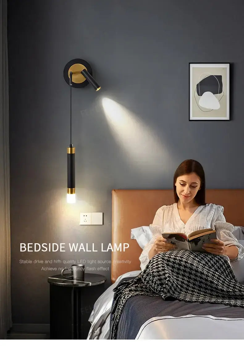 Minimalist creative luxury black and gold bedside wall lamp with sleek cylindrical design for luxury bedroom bedside use.