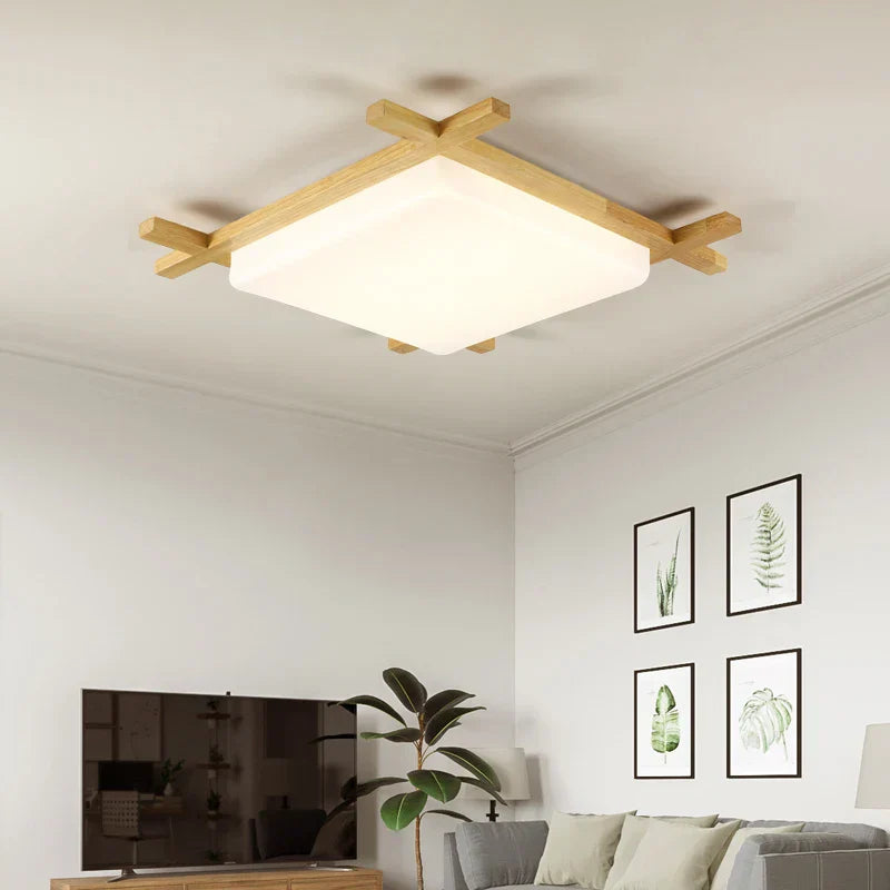 DecorBites™ Japanese Wood Ceiling Light Tatami Lamp Flush Mount Living Room Bedroom Square