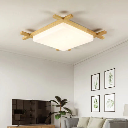 DecorBites™ Japanese Wood Ceiling Light Tatami Lamp Flush Mount Living Room Bedroom Square